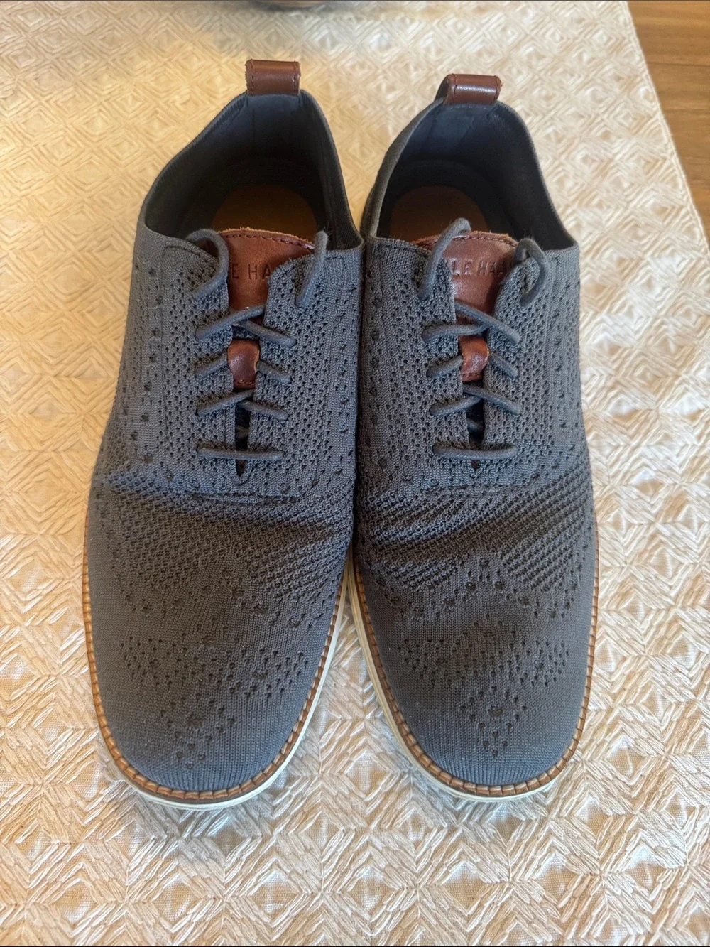 Cole Haan Gray Knit Lace-Up Oxfords with Brown Leather Accents